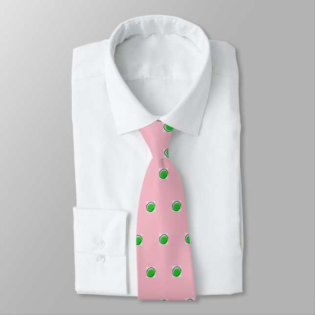 Men's silk tie, green dot, pink tie (Tied)