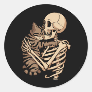 Mens Skeleton Hugging Pet Cat Lovely Halloween Cat Classic Round Sticker