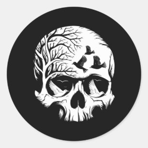 Mens Skull With Birds Gothic Halloween Skull Art Classic Round Sticker