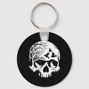 Mens Skull With Birds Gothic Halloween Skull Art Key Ring