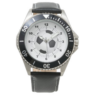 Men's Soccer Ball Black Leather Strap Watch