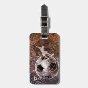 mens soccer grunge player kicking luggage tag