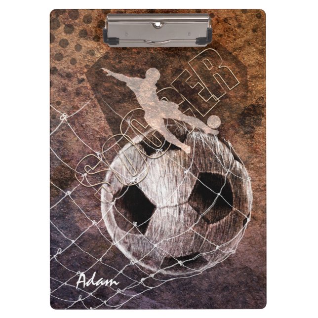 Men's soccer player kicking for goal clipboard (Front)
