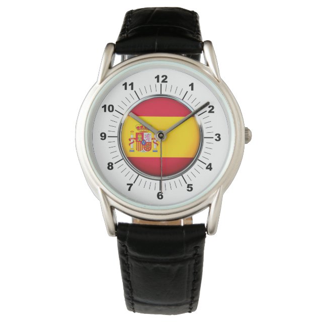 Men's Spain Flag Crown Black Leather Strap Watch (Front)