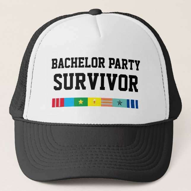 Mens Sports Novelty BACHELOR PARTY SURVIVOR Trucker Hat (Front)