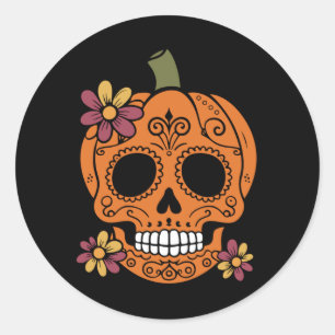 Mens Sugar Skull Pumpkin Mexican Halloween Dia De Classic Round Sticker