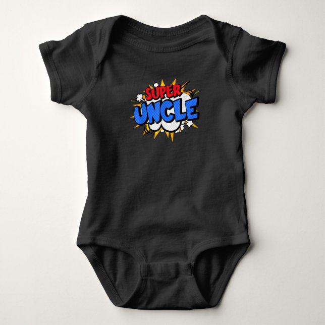 Mens Super Uncle Funny Cool Comic Cartoon Hero Baby Bodysuit (Front)