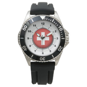Men's Switzerland Flag Black Rubber Strap Watch 