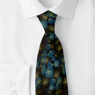 Men's Teal and Black Leaves Botanical Tie