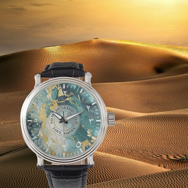 Men's Teal Gold Marble-Look Watch – Black Leather  (Creator Uploaded)