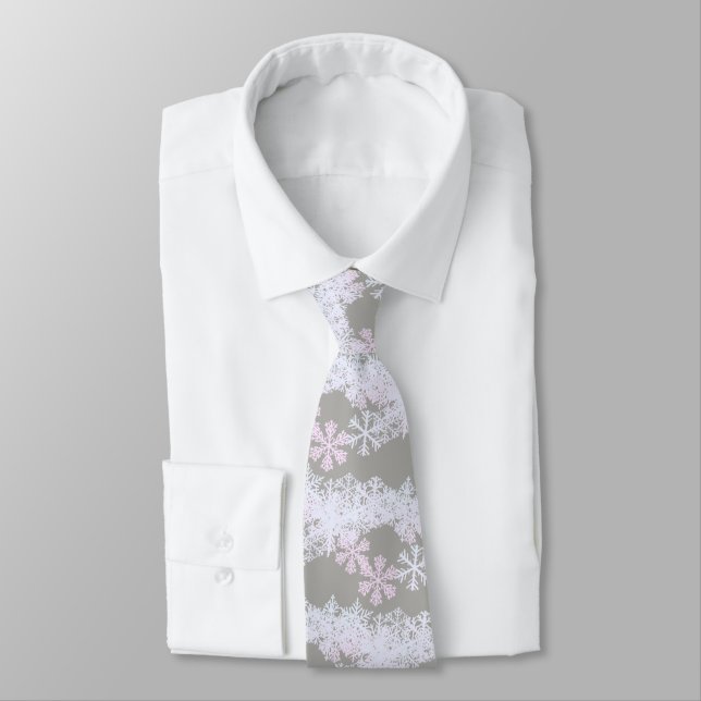 Men's Tie-Christmas Snowflakes-Grey Tie (Tied)
