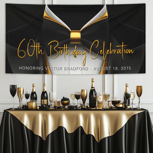 Mens Tuxedo Black Gold Birthday Party Banner (Mens black and gold birthday party banner with tuxedo. Simply add your event details.)