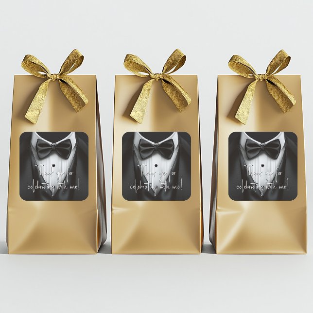 Mens Tuxedo Black White Birthday Party Square Sticker (Tuxedo stickers with classy black tuxedo. Add your text, logo, photo, etc., to personalize.)