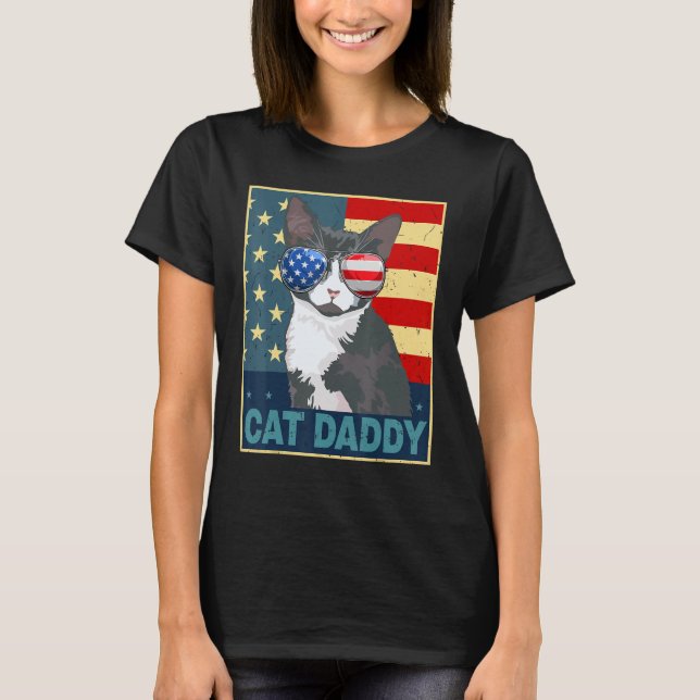 Mens Tuxedo Cat Daddy Dad Father Day  American Fla T-Shirt (Front)