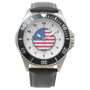 Men's USA Stainless Steel Black Leather Strap  Watch