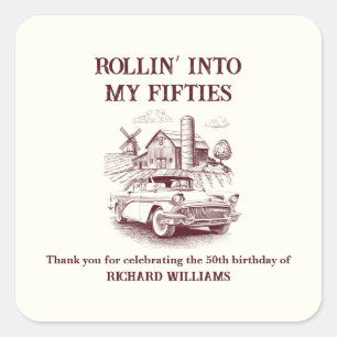 Men's Vintage Barn Car Rollin' into 50th Birthday Square Sticker