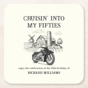 Men's Vintage Barn Motorbike Cruising 50th Birthda Square Paper Coaster