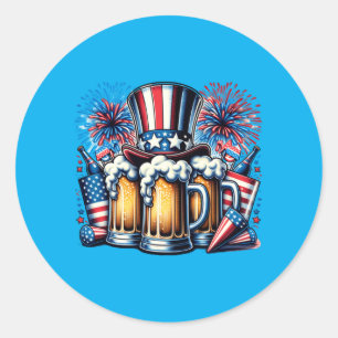 Mens Vintage Beer Aamerican Flag 4th Of July Men Classic Round Sticker