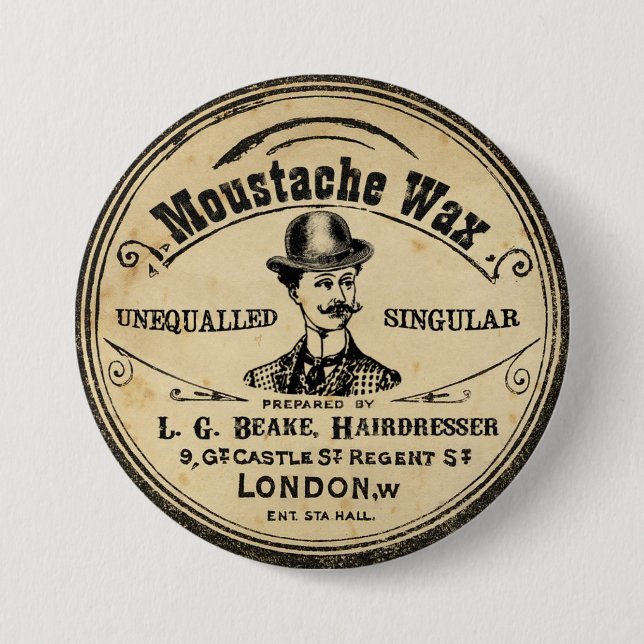 Mens Vintage Moustache Moustache Wax Pin Button (Front)