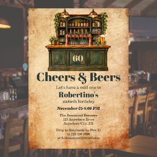 Men's Vintage Pub Cheers & Beer 60th Birthday Invitation