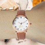 Mens Vintage Rose Gold Initial Brown Leather Strap Watch<br><div class="desc">Create your own custom, personalised, elegant stylish cool unique classy faux gold, black and white hours, monogrammed, mens rose gold retro vintage look style brown leather strap watch. Simply type in your name / monogram / initials, to customise. Makes a great gift, for birthday, graduation, fathers day, christmas, holidays, wedding,...</div>
