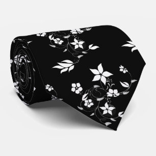 Men's White and Black Floral Botanical Tie