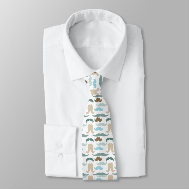 Men's White Tiled Designer Moustache Tie (Tied)