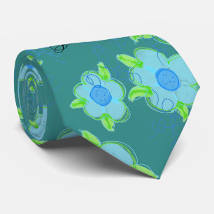 Menswear Flowered Tie In Blue On Faded Teal