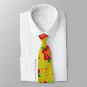 Menswear Red Flowered Tie With Golden Mustard