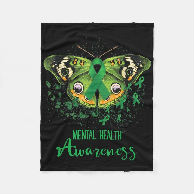 Mental Health Awareness Butterfly Green Ribbon  Fleece Blanket (Front)
