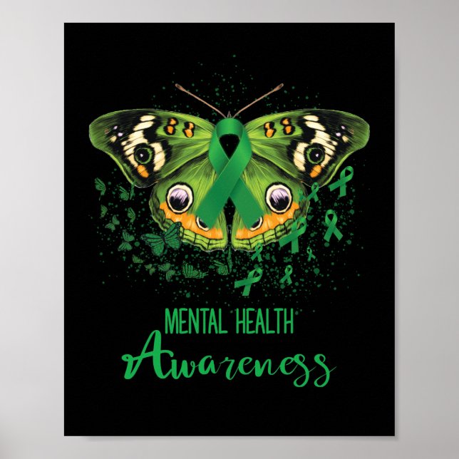 Mental Health Awareness Butterfly Green Ribbon Poster (Front)