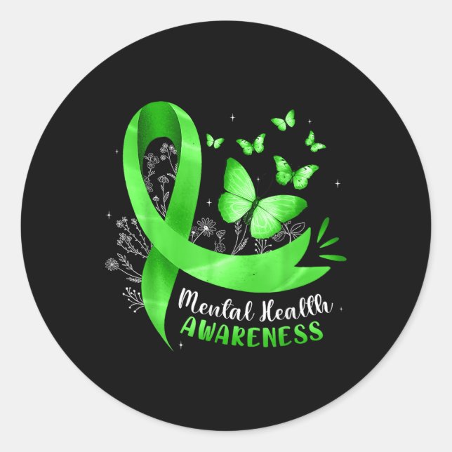 Mental Health Awareness Butterfly Green Ribbon Wom Classic Round Sticker (Front)