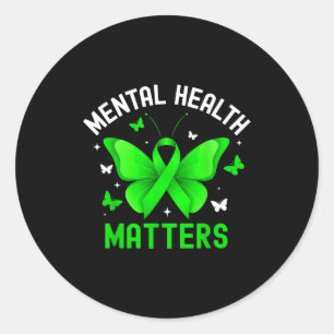 Mental health awareness butterfly ribbon green classic round sticker