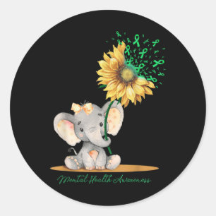 Mental Health Awareness Cute Elephant Sunflower Gr Classic Round Sticker