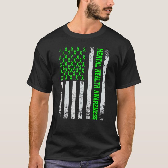 Mental Health Awareness Distressed American Flag R T-Shirt (Front)