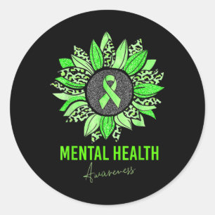 Mental Health Awareness Leopard Sunflower Green Ri Classic Round Sticker