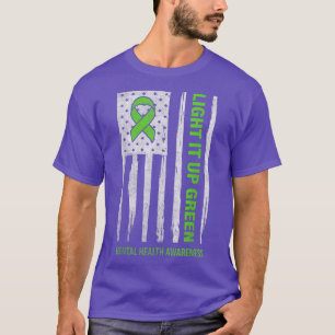 Mental Health Awareness Light It Up Green Usa Flag T-Shirt