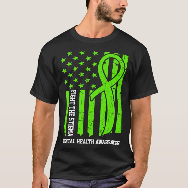 Mental Health Awareness Month USA Flag Fight The S T-Shirt (Front)