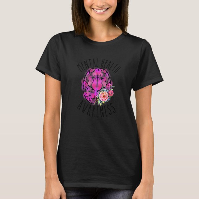 Mental Health Awareness Pink Brain Flowers Floral  T-Shirt (Front)