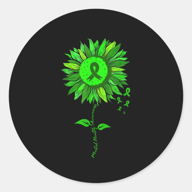 Mental Health Awareness Sunflower Green Ribbon Sti Classic Round Sticker (Front)