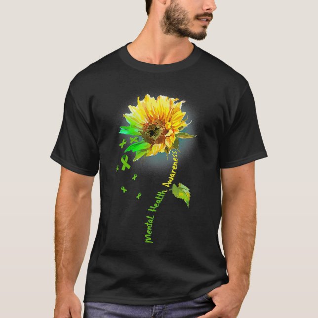 Mental Health Awareness Sunflower Green Ribbon T-Shirt (Front)