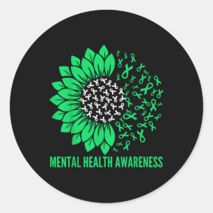 Mental Health Awareness Sunfower Ribbon Green Classic Round Sticker
