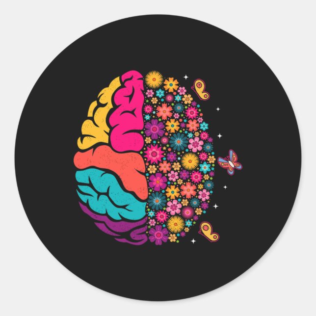 Mental Health Floral Brain Depression Awareness Co Classic Round Sticker (Front)