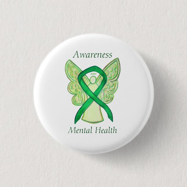 Mental Health Green Awareness Ribbon Angel Pin (Front)