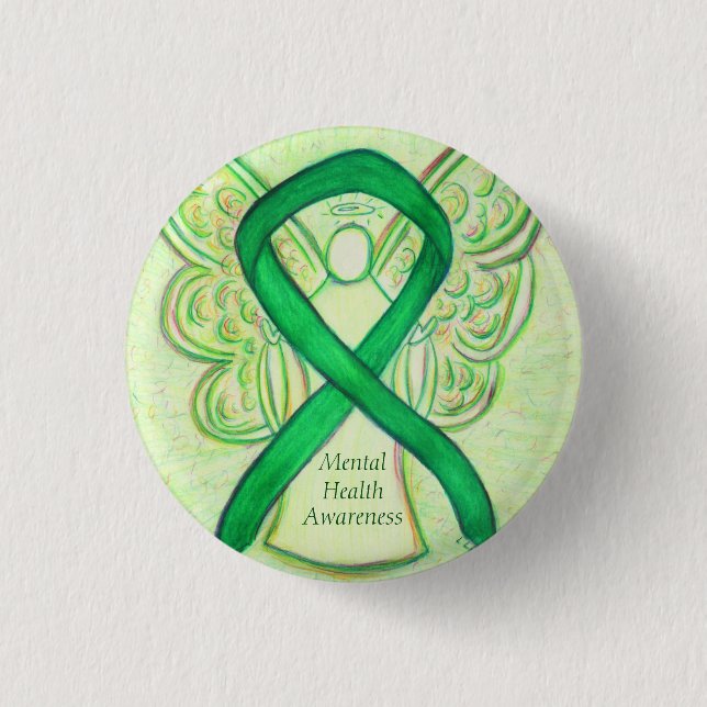 Mental Health Green Awareness Ribbon Angel Pin (Front)