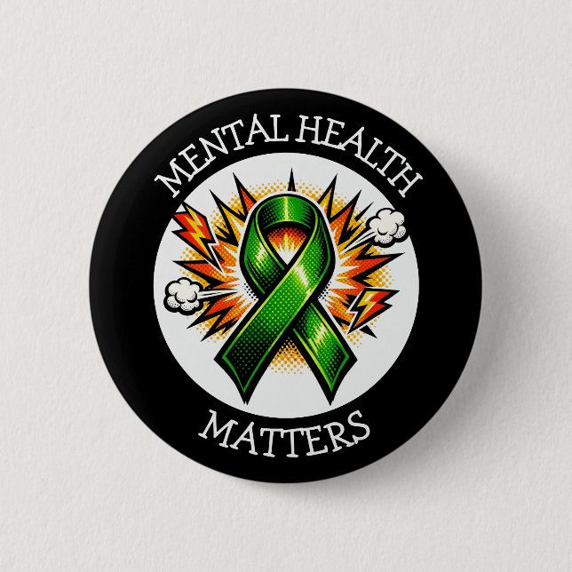 Mental Health Matters Pop Art Green Ribbon 6 Cm Round Badge (Front)