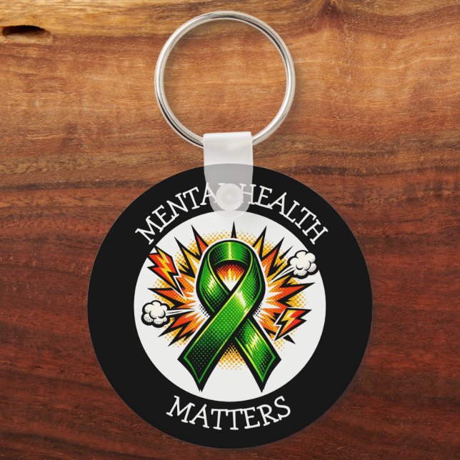 Mental Health Matters Pop Art Green Ribbon Key Ring (Front)