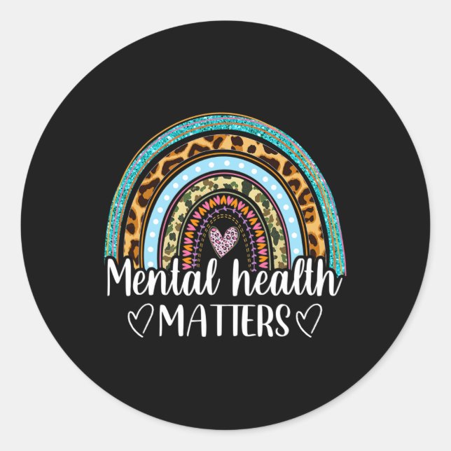 Mental Health Problems Leopard Print Boho Rainbow  Classic Round Sticker (Front)