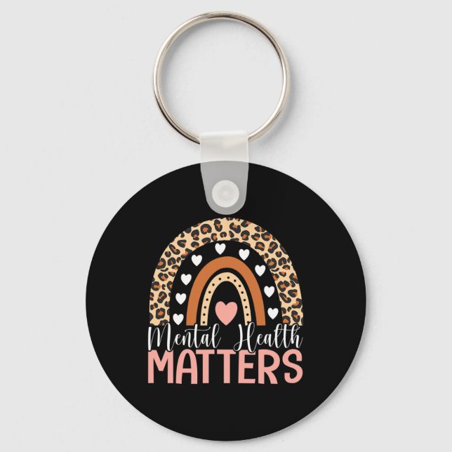 Mental Health Problems Leopard Print Boho Rainbow  Key Ring (Front)