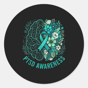 Mental health ptsd awareness brain and floral teal classic round sticker
